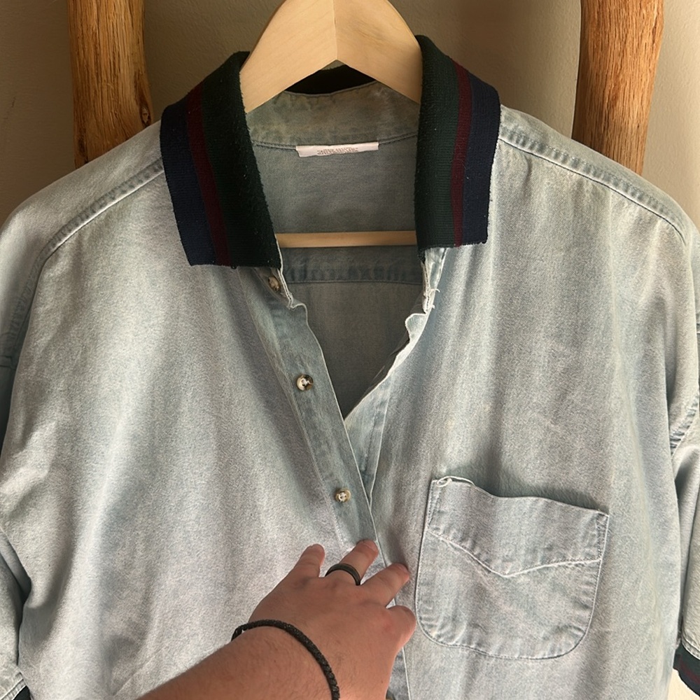 RARE Vintage Short Sleeve Denim Varsity Ribbed Shirt